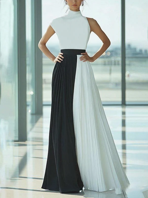 High Waisted Loose Contrast Color Pleated Mock Neck Maxi Dresses - Image 2