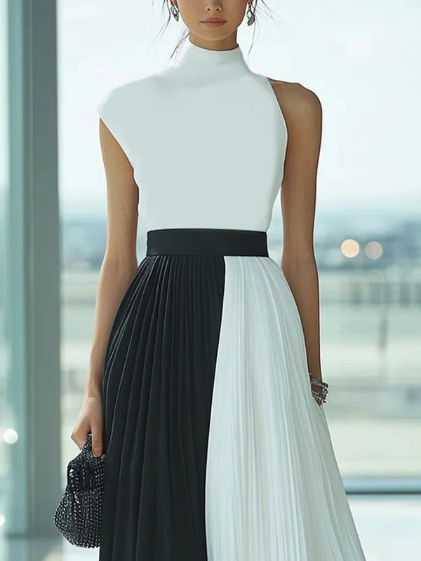High Waisted Loose Contrast Color Pleated Mock Neck Maxi Dresses - Image 3