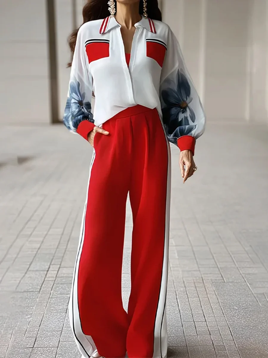High Waisted Loose Contrast Color Pleated Pockets Split-Joint Striped Pants Trousers - Image 2