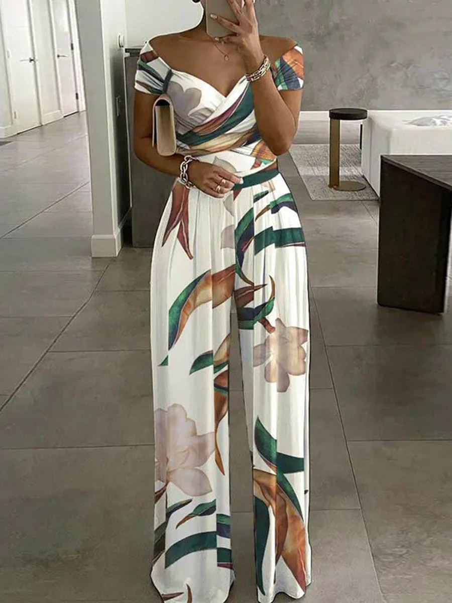 High Waisted Loose Contrast Color Pleated Printed Split-Joint Twist Off-The-Shoulder Jumpsuits
