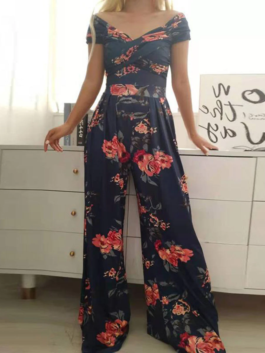 High Waisted Loose Contrast Color Pleated Printed Split-Joint Twist Off-The-Shoulder Jumpsuits - Image 2