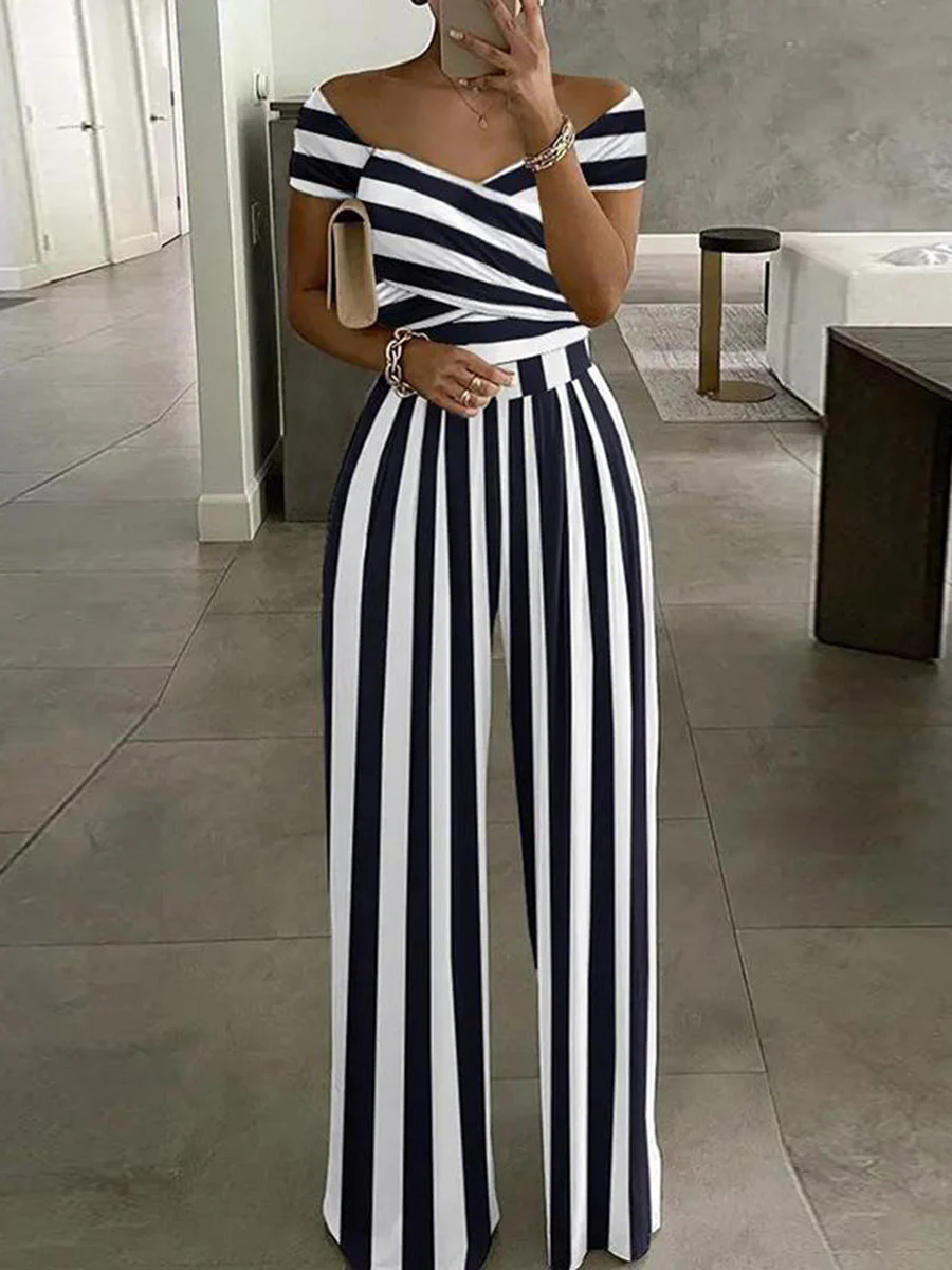 High Waisted Loose Contrast Color Pleated Printed Split-Joint Twist Off-The-Shoulder Jumpsuits - Image 3