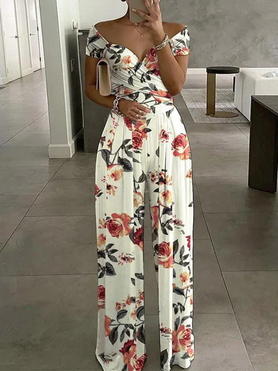 High Waisted Loose Contrast Color Pleated Printed Split-Joint Twist Off-The-Shoulder Jumpsuits - Image 4