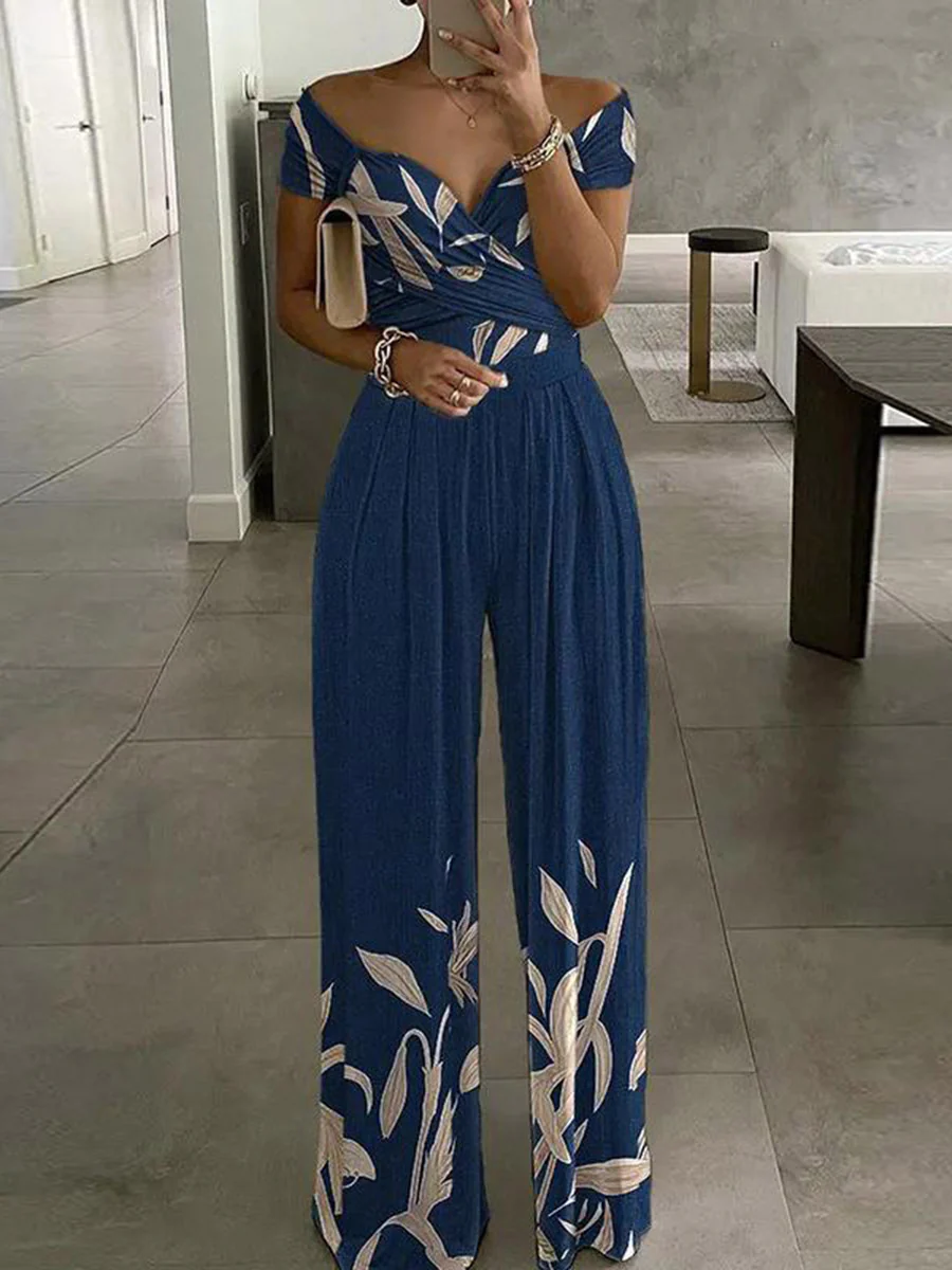 High Waisted Loose Contrast Color Pleated Printed Split-Joint Twist Off-The-Shoulder Jumpsuits - Image 5