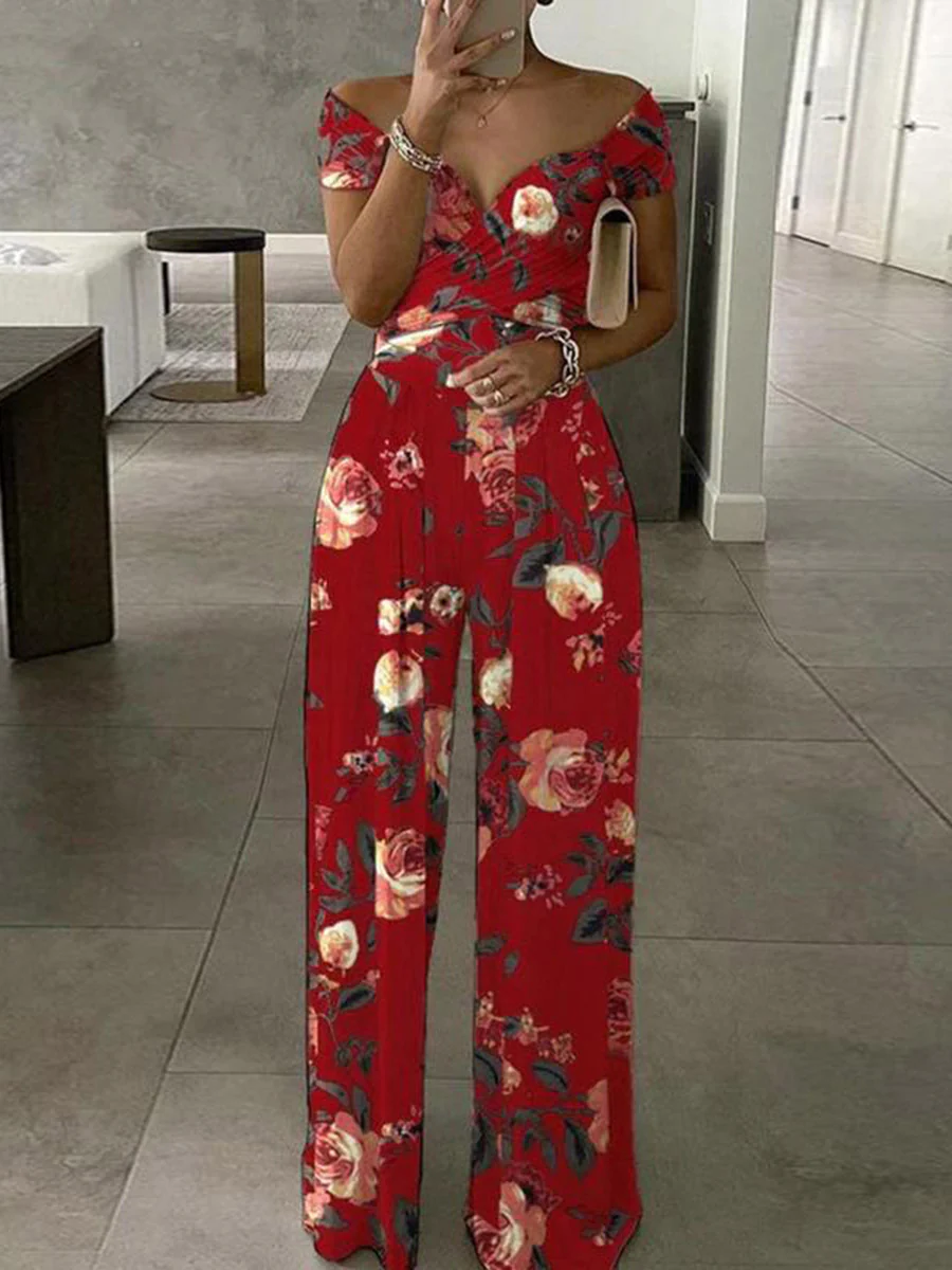 High Waisted Loose Contrast Color Pleated Printed Split-Joint Twist Off-The-Shoulder Jumpsuits - Image 6