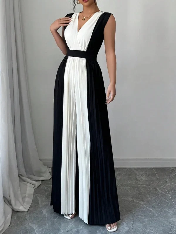High Waisted Loose Contrast Color Pleated V-Neck Jumpsuits - Image 3