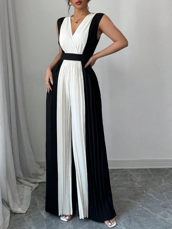 High Waisted Loose Contrast Color Pleated V-Neck Jumpsuits - Image 4