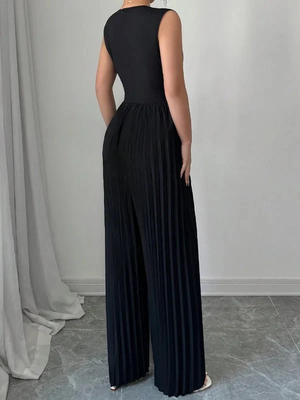 High Waisted Loose Contrast Color Pleated V-Neck Jumpsuits - Image 5