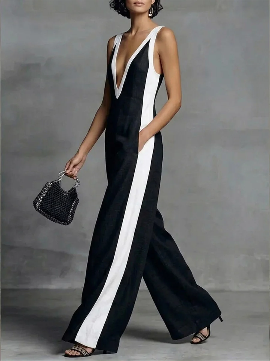 High Waisted Loose Contrast Color Pockets Deep V-Neck Jumpsuits - Image 2