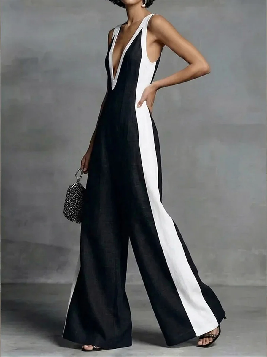 High Waisted Loose Contrast Color Pockets Deep V-Neck Jumpsuits - Image 3