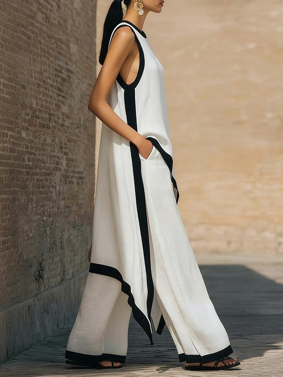 High Waisted Loose Contrast Color Pockets Pants Trousers - Image 3