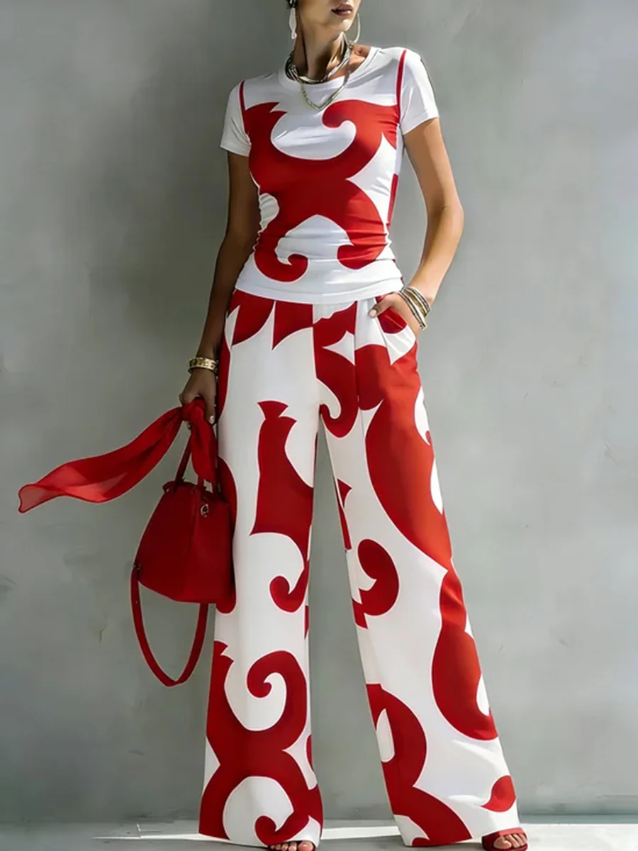 High Waisted Loose Contrast Color Pockets Printed Split-Joint Pants Trousers - Image 2