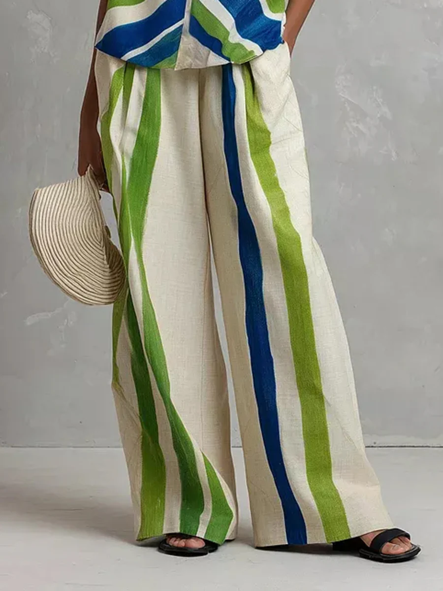High Waisted Loose Contrast Color Pockets Striped Pants Trousers