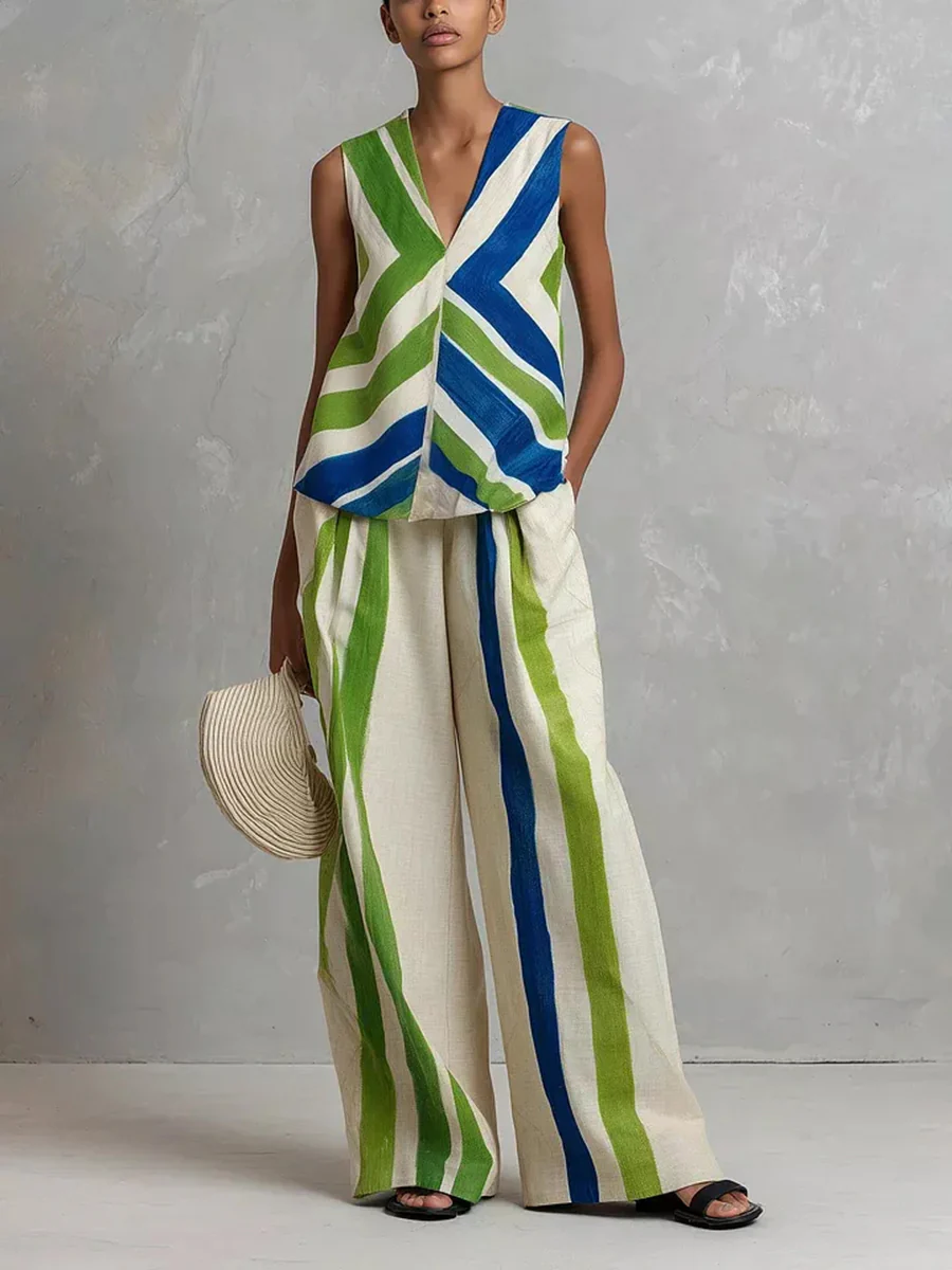 High Waisted Loose Contrast Color Pockets Striped Pants Trousers - Image 2