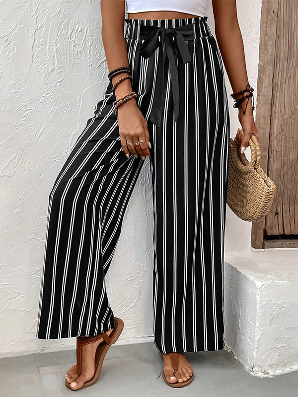 High Waisted Loose Contrast Color Pockets Striped Tied Waist Pants Trousers - Image 2