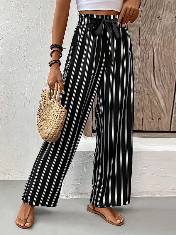 High Waisted Loose Contrast Color Pockets Striped Tied Waist Pants Trousers - Image 3
