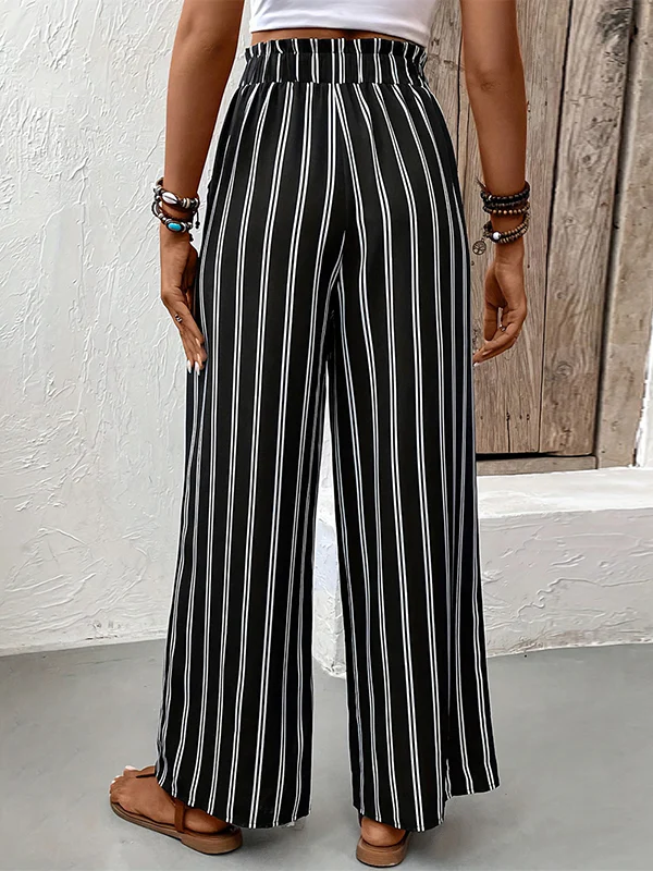 High Waisted Loose Contrast Color Pockets Striped Tied Waist Pants Trousers - Image 4