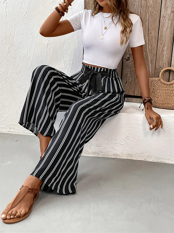 High Waisted Loose Contrast Color Pockets Striped Tied Waist Pants Trousers - Image 5