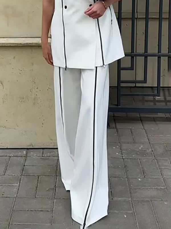 High Waisted Loose Contrast Color Solid Color Zipper Pants Trousers - Image 2
