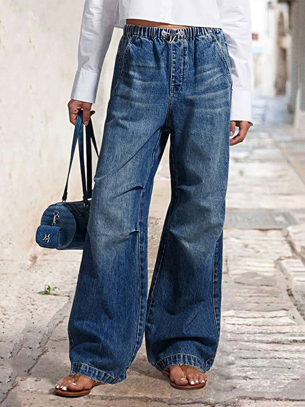High Waisted Loose Drawstring Elasticity Gradient Jean Pants Bottoms - Image 2