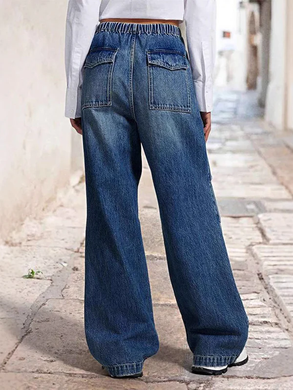 High Waisted Loose Drawstring Elasticity Gradient Jean Pants Bottoms - Image 3