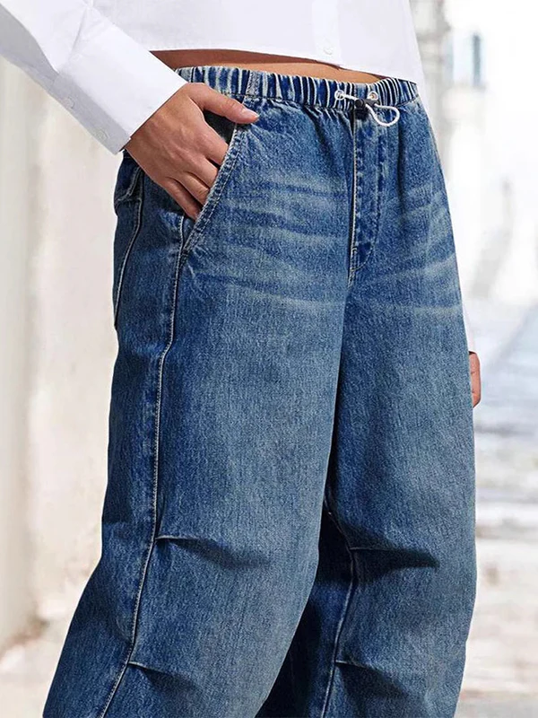 High Waisted Loose Drawstring Elasticity Gradient Jean Pants Bottoms - Image 4