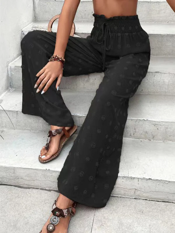 High Waisted Loose Drawstring Elasticity Jacquard Solid Color Pants Trousers - Image 10