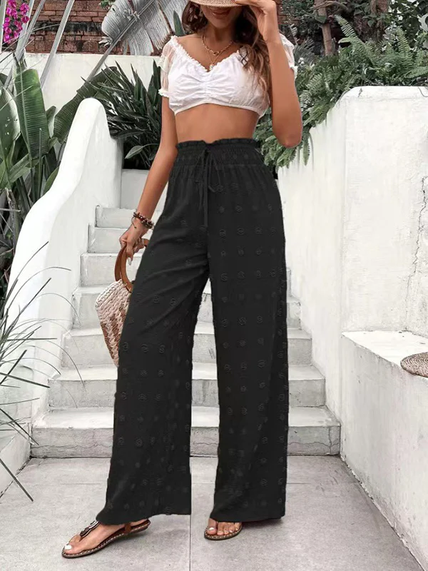 High Waisted Loose Drawstring Elasticity Jacquard Solid Color Pants Trousers - Image 11