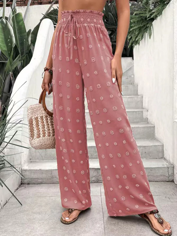 High Waisted Loose Drawstring Elasticity Jacquard Solid Color Pants Trousers - Image 12