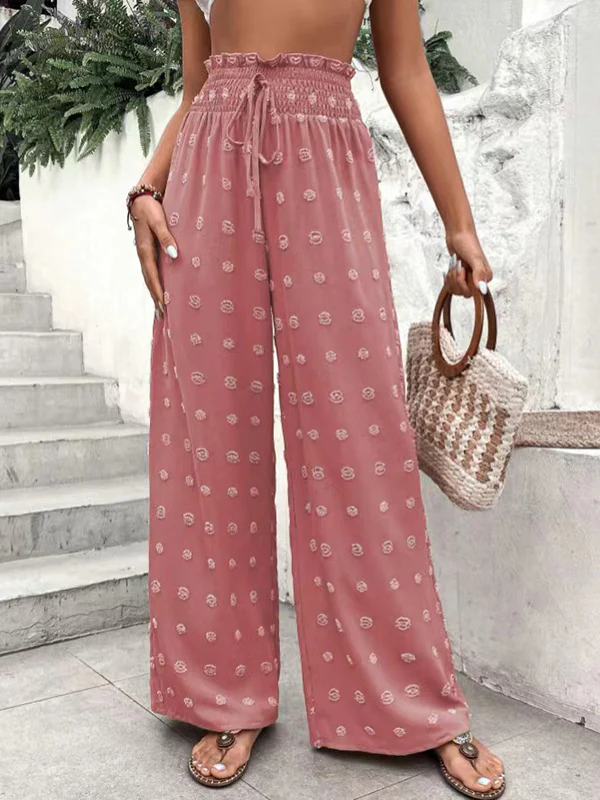 High Waisted Loose Drawstring Elasticity Jacquard Solid Color Pants Trousers - Image 13