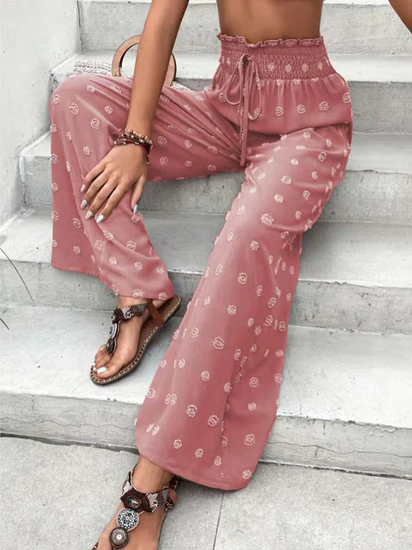 High Waisted Loose Drawstring Elasticity Jacquard Solid Color Pants Trousers - Image 14