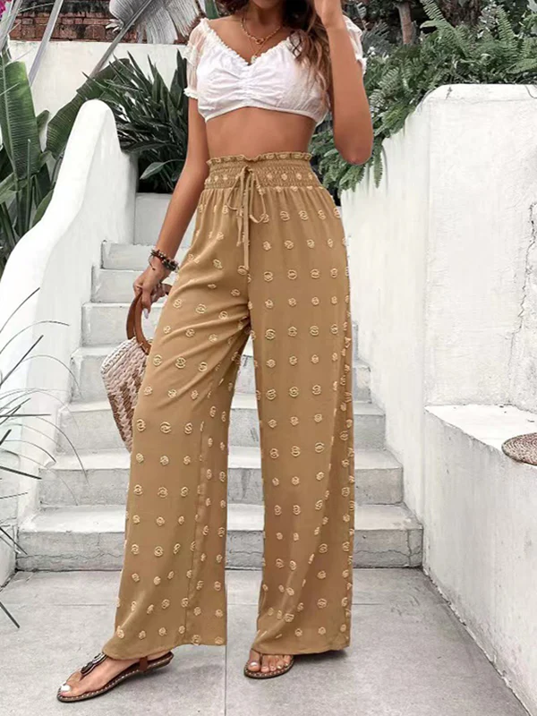 High Waisted Loose Drawstring Elasticity Jacquard Solid Color Pants Trousers - Image 15