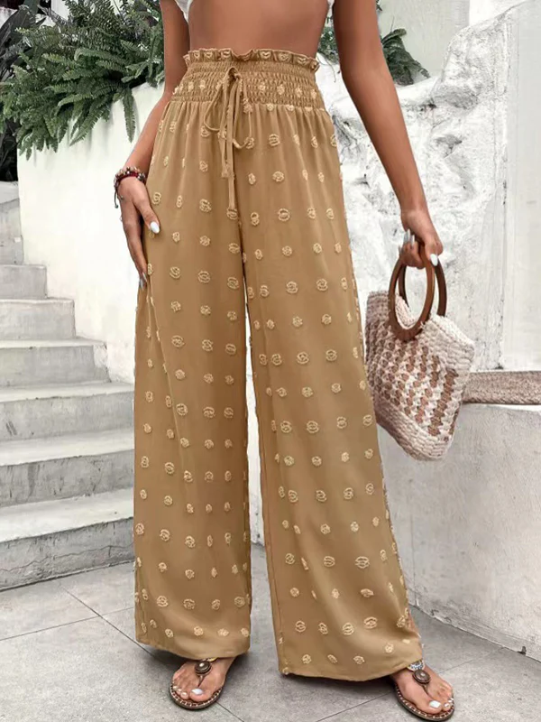 High Waisted Loose Drawstring Elasticity Jacquard Solid Color Pants Trousers - Image 16