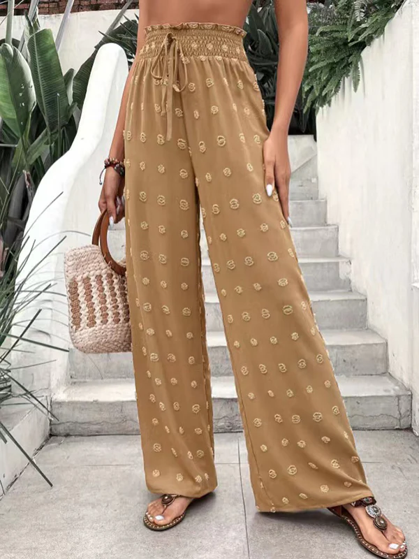 High Waisted Loose Drawstring Elasticity Jacquard Solid Color Pants Trousers - Image 17
