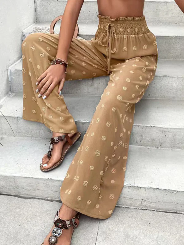 High Waisted Loose Drawstring Elasticity Jacquard Solid Color Pants Trousers - Image 18