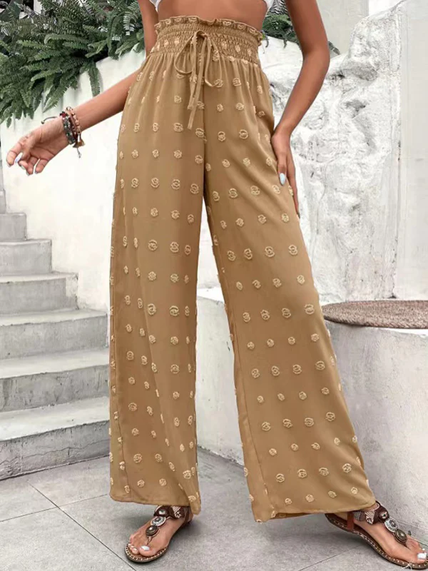 High Waisted Loose Drawstring Elasticity Jacquard Solid Color Pants Trousers - Image 2