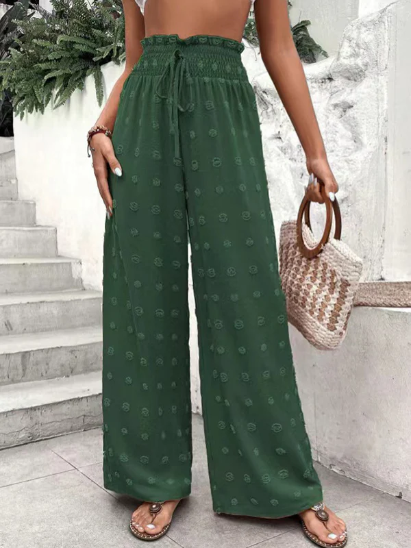 High Waisted Loose Drawstring Elasticity Jacquard Solid Color Pants Trousers - Image 20