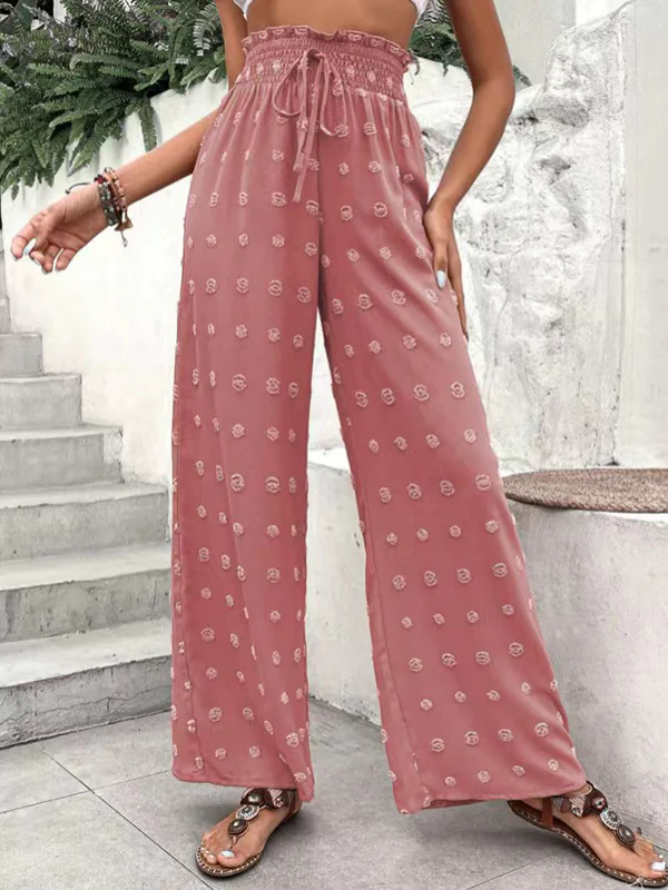 High Waisted Loose Drawstring Elasticity Jacquard Solid Color Pants Trousers - Image 4