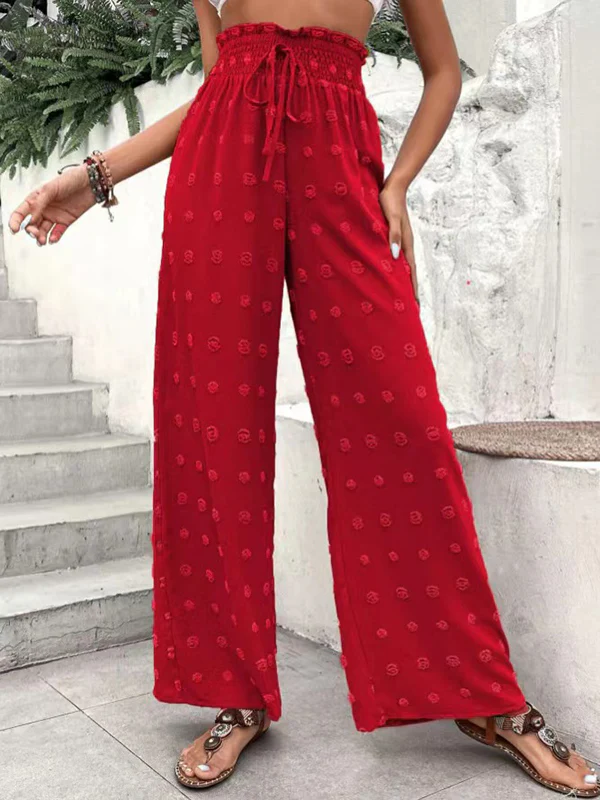 High Waisted Loose Drawstring Elasticity Jacquard Solid Color Pants Trousers - Image 5