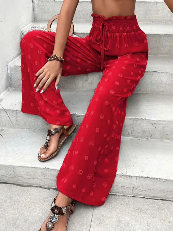 High Waisted Loose Drawstring Elasticity Jacquard Solid Color Pants Trousers - Image 7