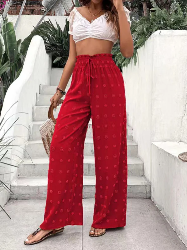 High Waisted Loose Drawstring Elasticity Jacquard Solid Color Pants Trousers - Image 8