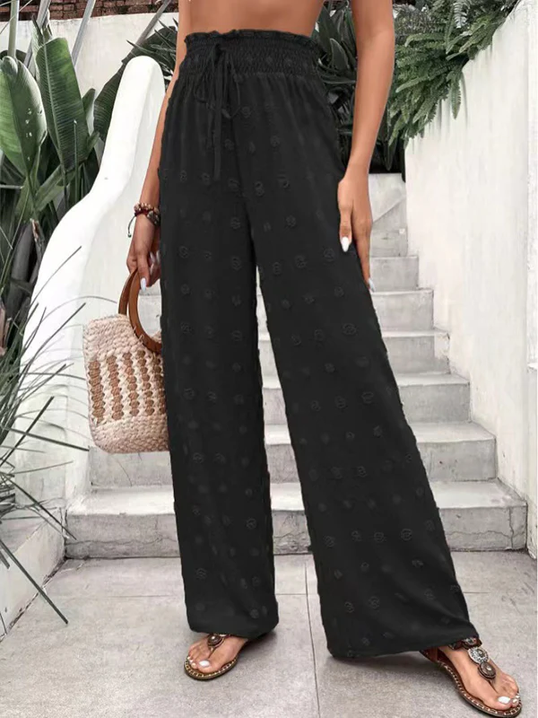 High Waisted Loose Drawstring Elasticity Jacquard Solid Color Pants Trousers - Image 9