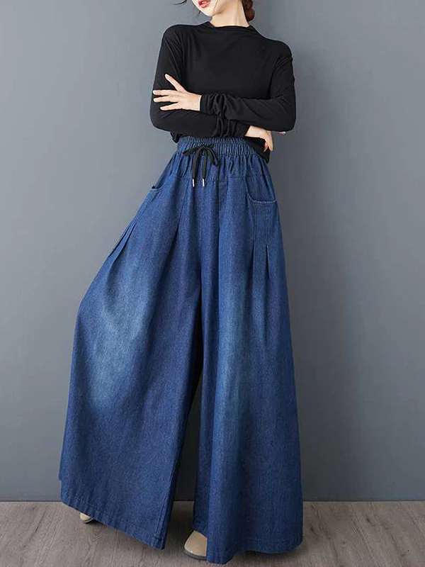 High Waisted Loose Drawstring Elasticity Pleated Pockets Jean Pants Bottoms - Image 2