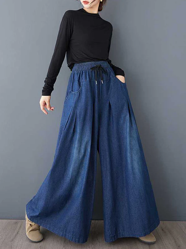 High Waisted Loose Drawstring Elasticity Pleated Pockets Jean Pants Bottoms - Image 3