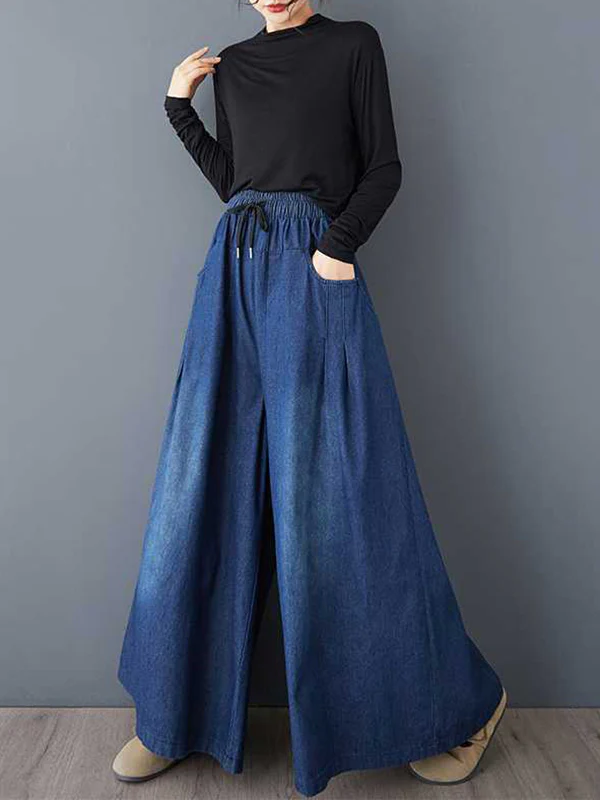 High Waisted Loose Drawstring Elasticity Pleated Pockets Jean Pants Bottoms - Image 4