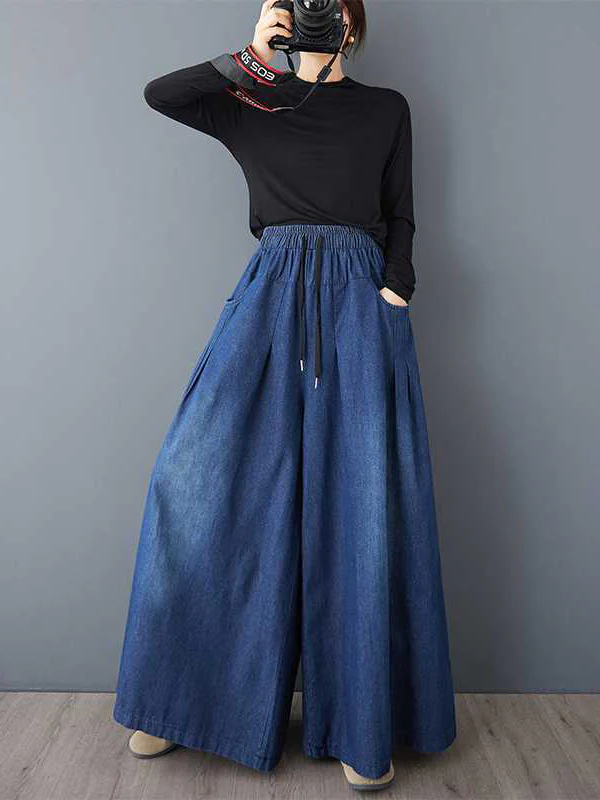 High Waisted Loose Drawstring Elasticity Pleated Pockets Jean Pants Bottoms - Image 5