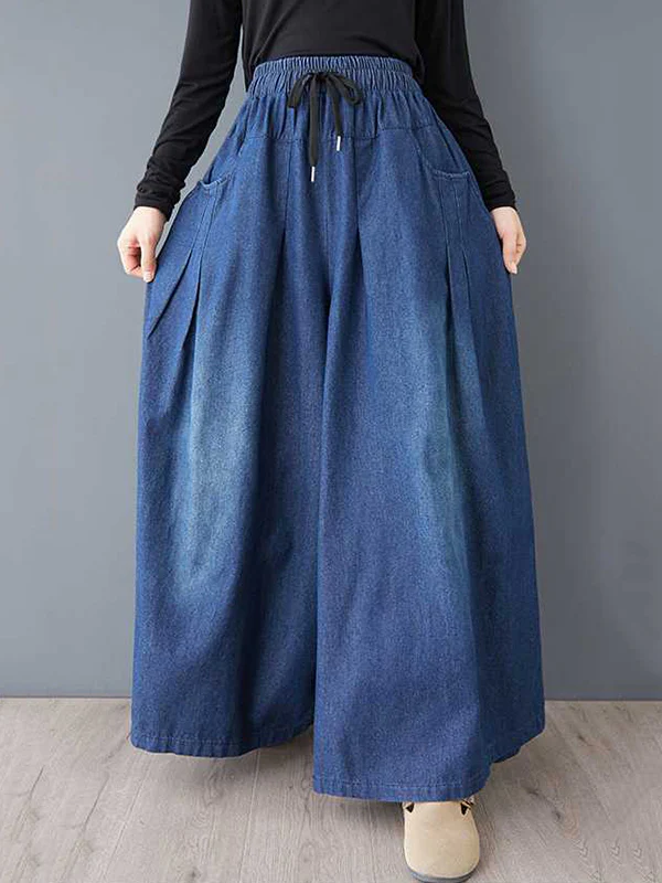 High Waisted Loose Drawstring Elasticity Pleated Pockets Jean Pants Bottoms - Image 6
