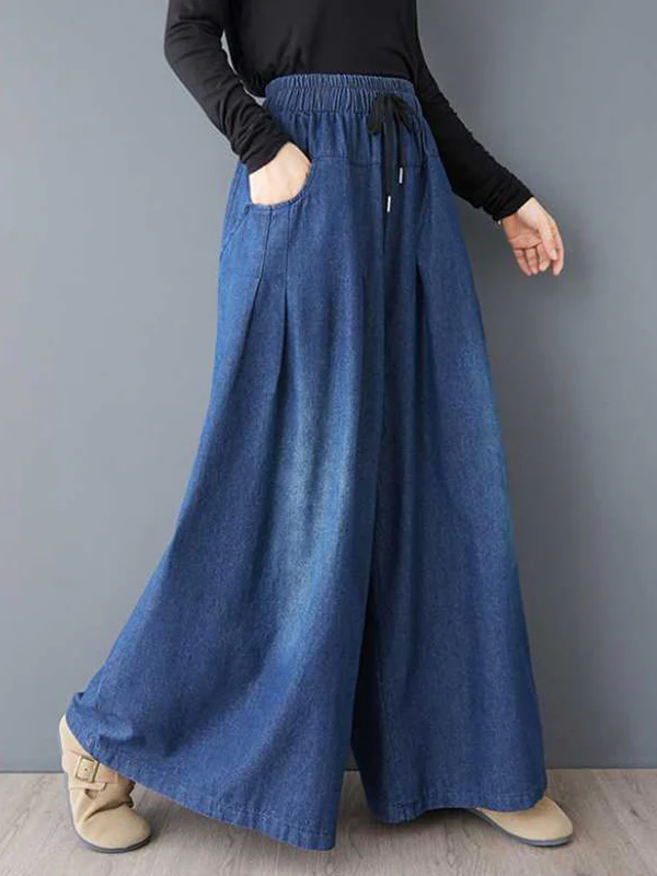 High Waisted Loose Drawstring Elasticity Pleated Pockets Jean Pants Bottoms - Image 7