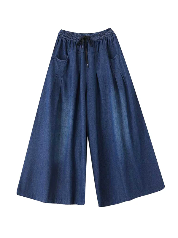 High Waisted Loose Drawstring Elasticity Pleated Pockets Jean Pants Bottoms - Image 8