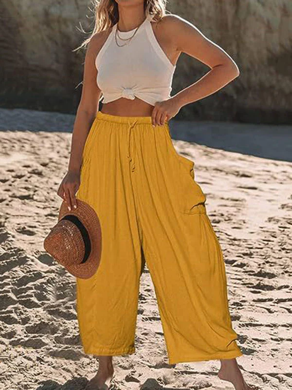 High Waisted Loose Drawstring Elasticity Pleated Pockets Solid Color Ninth Pants Trousers - Image 10
